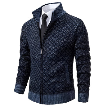 Men's stylish geometric zip-up winter cardigan sweater in blue, featuring long sleeves and a high collar with a grid pattern design.