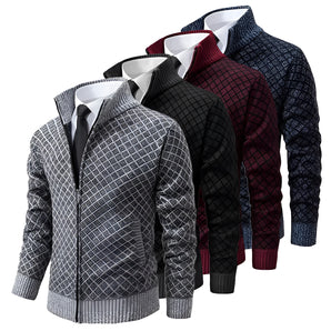 Men's winter cardigan sweater with a geometric pattern and zip-up design, featuring long sleeves and a cozy, stylish look.