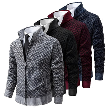 Men's winter cardigan sweater with a geometric pattern and zip-up design, featuring long sleeves and a cozy, stylish look.