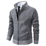 Men's winter cardigan sweater in gray, featuring a geometric pattern with a full zip-up front. The garment has long sleeves, a collar, and a design resembling tartan or plaid. The size is 2XL, suitable for outerwear during colder seasons.