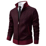 Stylish red geometric zip-up men's winter cardigan sweater in size 2XL, featuring a plaid pattern with long sleeves and a collar.