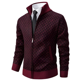 Stylish red geometric zip-up men's winter cardigan sweater in size 2XL, featuring a plaid pattern with long sleeves and a collar.