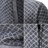 Stylish geometric zip-up men's winter cardigan sweater in shades of grey with a bold pattern and long sleeves.