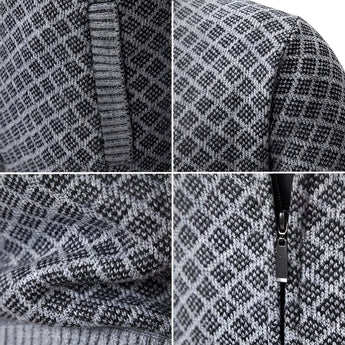 Stylish geometric zip-up men's winter cardigan sweater in shades of grey with a bold pattern and long sleeves.