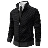 Men's winter cardigan sweater in black with a geometric pattern, featuring a zip-up closure, long sleeves, and a high collar, available in size 2XL.