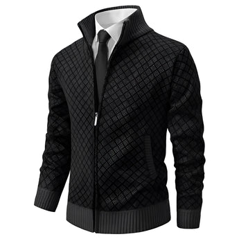 Men's winter cardigan sweater in black with a geometric pattern, featuring a zip-up closure, long sleeves, and a high collar, available in size 2XL.