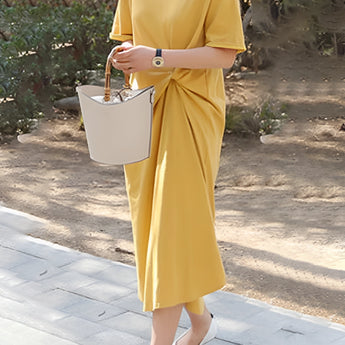Yellow 3XL stylish tee with a twisted knot detail, featuring short sleeves and a flattering fit around the waist and shoulders, suitable for a fashionable and casual look.