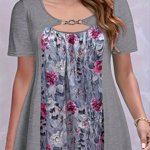 Plus size stylish grey floral pleated scoop neck tunic top in 7XL, featuring a summer blouse design with short sleeves.