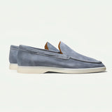 Stylish grey suede men's slip-on loafers in yacht blue, lightweight casual shoes, size 45.
