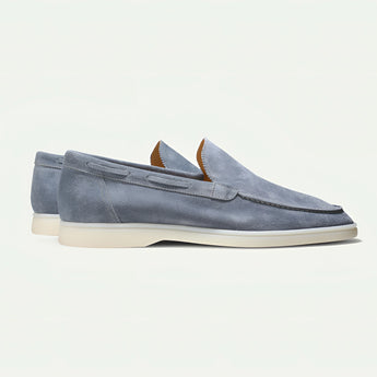 Stylish grey suede men's slip-on loafers in yacht blue, lightweight casual shoes, size 45.