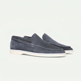 Stylish grey suede men's slip-on loafers, lightweight casual shoes, dark gray, size 45, featuring a sleek fashion design suitable for walking and outdoor activities.