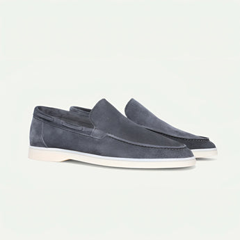 Stylish grey suede men's slip-on loafers, lightweight casual shoes, dark gray, size 45, featuring a sleek fashion design suitable for walking and outdoor activities.