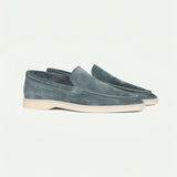 Stylish grey suede men's slip-on loafers, lightweight casual shoes in a light turquoise color, size 45, suitable for outdoor and walking activities.