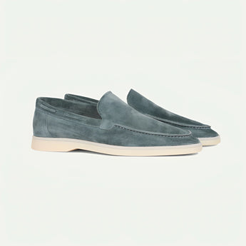 Stylish grey suede men's slip-on loafers, lightweight casual shoes in a light turquoise color, size 45, suitable for outdoor and walking activities.