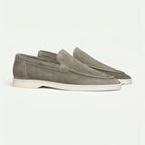 Stylish grey suede men's slip-on loafers in olive green, size 45, lightweight casual shoes for walking.