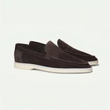 Dark brown men's slip-on loafers, lightweight and casual, made of suede leather, size 45.