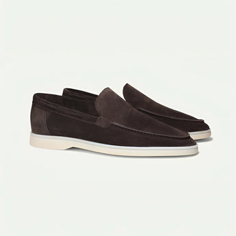 Dark brown men's slip-on loafers, lightweight and casual, made of suede leather, size 45.