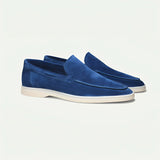 Stylish grey suede men's slip-on loafers, lightweight casual shoes in marine blue, size 45.