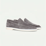 Light gray suede men's slip-on loafers, lightweight casual shoes, size 45, with sleek design and comfortable fit.