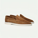 Light brown men's suede slip-on loafers with a lightweight design, casual style, and synthetic rubber sole in size 45.