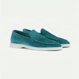 Stylish grey suede men's slip-on loafers in dark turquoise, lightweight casual shoes for walking, size 45, displayed against a neutral background.