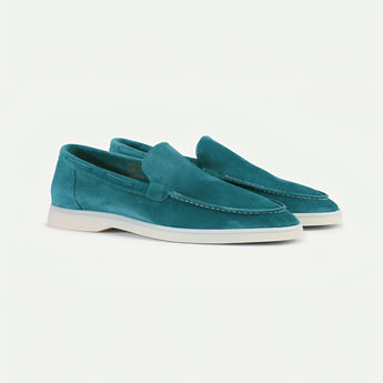 Stylish grey suede men's slip-on loafers in dark turquoise, lightweight casual shoes for walking, size 45, displayed against a neutral background.