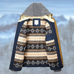 Stylish hooded insulated winter jacket with a snowflake design, displayed on a wooden clothes hanger, showing the sleeve detail and the woolen texture of the outerwear.