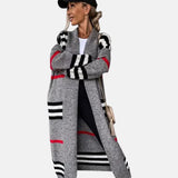 Stylish oversized women's striped knit cardigan in beige and black, featuring long sleeves and a relaxed fit, shown in gray and size XXL.