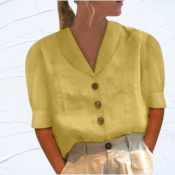 Stylish white linen V-neck button-up short sleeve summer blouse displayed on a hanger.
