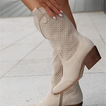 Stylish white perforated Western ankle cowboy boots for women in khaki color, displayed in a size 43.