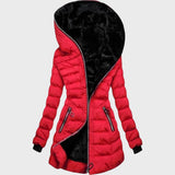 Stylish red hooded winter coat for women in size 2XL with asymmetrical zip, featuring a faux fur trimmed hood and long sleeves.