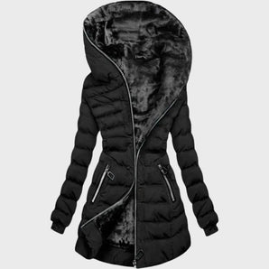 Stylish women's black hooded winter coat with an asymmetrical zip, featuring a high collar and long sleeves. The coat is displayed in size 2XL.