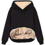 Stylish women's black pullover hoodie with collar and drawstrings, featuring long sleeves and a hood, designed for winter fashion.