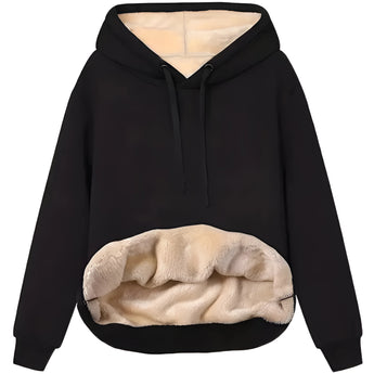 Stylish women's black pullover hoodie with collar and drawstrings, featuring long sleeves and a hood, designed for winter fashion.