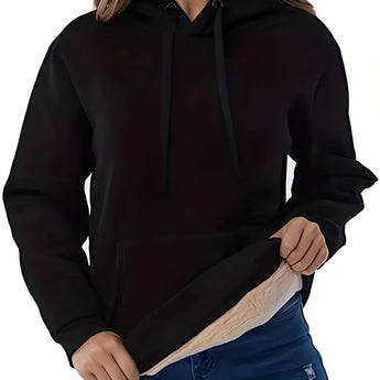 Stylish women's black pullover hoodie with collar and drawstrings, featuring long sleeves and a comfortable fit, perfect for winter fashion.