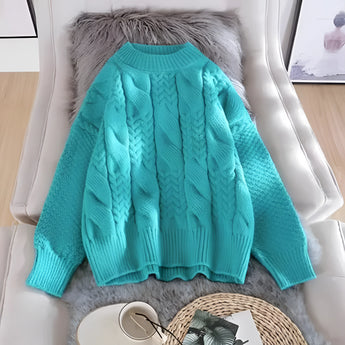 Stylish women's chunky turquoise cable knit sweater with long sleeves and a cozy collar, in a blue peacock color, size XL.