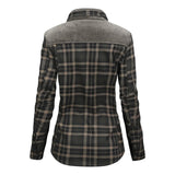 Stylish women's gray plaid long sleeve shirt with a collar, featuring a tartan pattern, perfect for autumn attire.