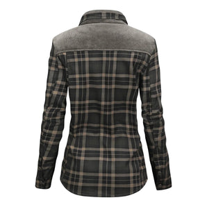 Stylish women's gray plaid long sleeve shirt with a collar, featuring a tartan pattern, perfect for autumn attire.