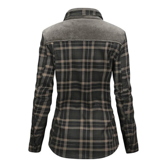 Stylish women's gray plaid long sleeve shirt with a collar, featuring a tartan pattern, perfect for autumn attire.