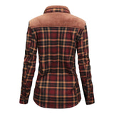 Stylish women's gray plaid long sleeve shirt with a collared neck and button-down front, perfect for autumn.