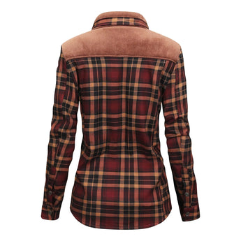 Stylish women's gray plaid long sleeve shirt with a collared neck and button-down front, perfect for autumn.