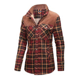 Stylish women's gray plaid long sleeve shirt with a tartan pattern, featuring a collar and button-up design, perfect for autumn wear.