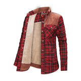 Stylish women's gray plaid long sleeve shirt, red variant in XL, featuring a tartan pattern, collar, and sleeves, suitable for autumn wear.