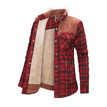 Stylish women's gray plaid long sleeve shirt, red variant in XL, featuring a tartan pattern, collar, and sleeves, suitable for autumn wear.