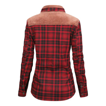 Stylish women's gray plaid long sleeve shirt with collar and tartan pattern, suitable for autumn.