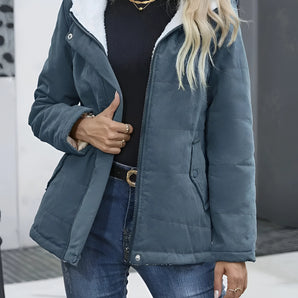 Stylish Women's hooded winter jacket in blue, size XL, featuring Sherpa lining and insulation, designed for warmth and fashion, with a focus on the hood, sleeves, and overall outerwear structure.
