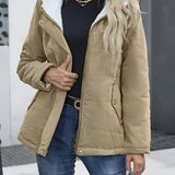 Stylish Women's Hooded Sherpa Lined Winter Jacket in Cachi color, size XL, featuring a cozy insulated lining, long sleeves, and a comfortable fit with attention to detail on the waist and neck area.