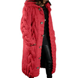 
A red chunky knit cardigan for women, featuring a cozy woolen texture and a stylish collar, ideal for winter fashion. The garment is displayed in a 5XL size, highlighting its oversized, comfortable fit.