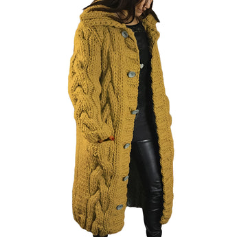 Oversized yellow chunky knit cardigan for women featuring cozy woolen material, long sleeves, and a stylish open front design perfect for winter fashion.