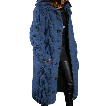 Marine blue chunky knit cardigan for women in 5XL, featuring a cozy wrap design with long sleeves and a comfortable collar.